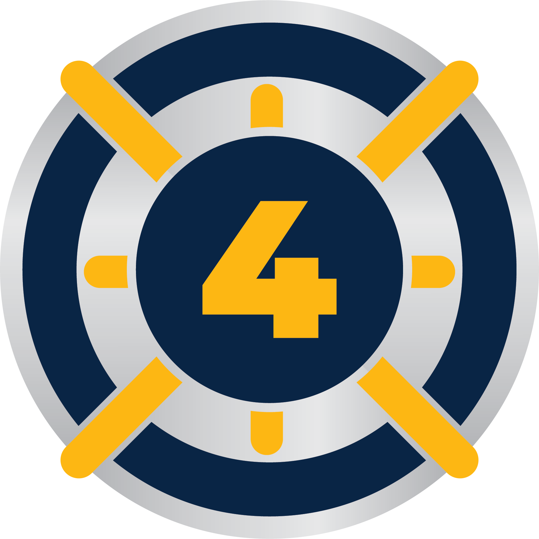 A Hub 4 token — a round navy and silver sticker with an amber 4 at its centre